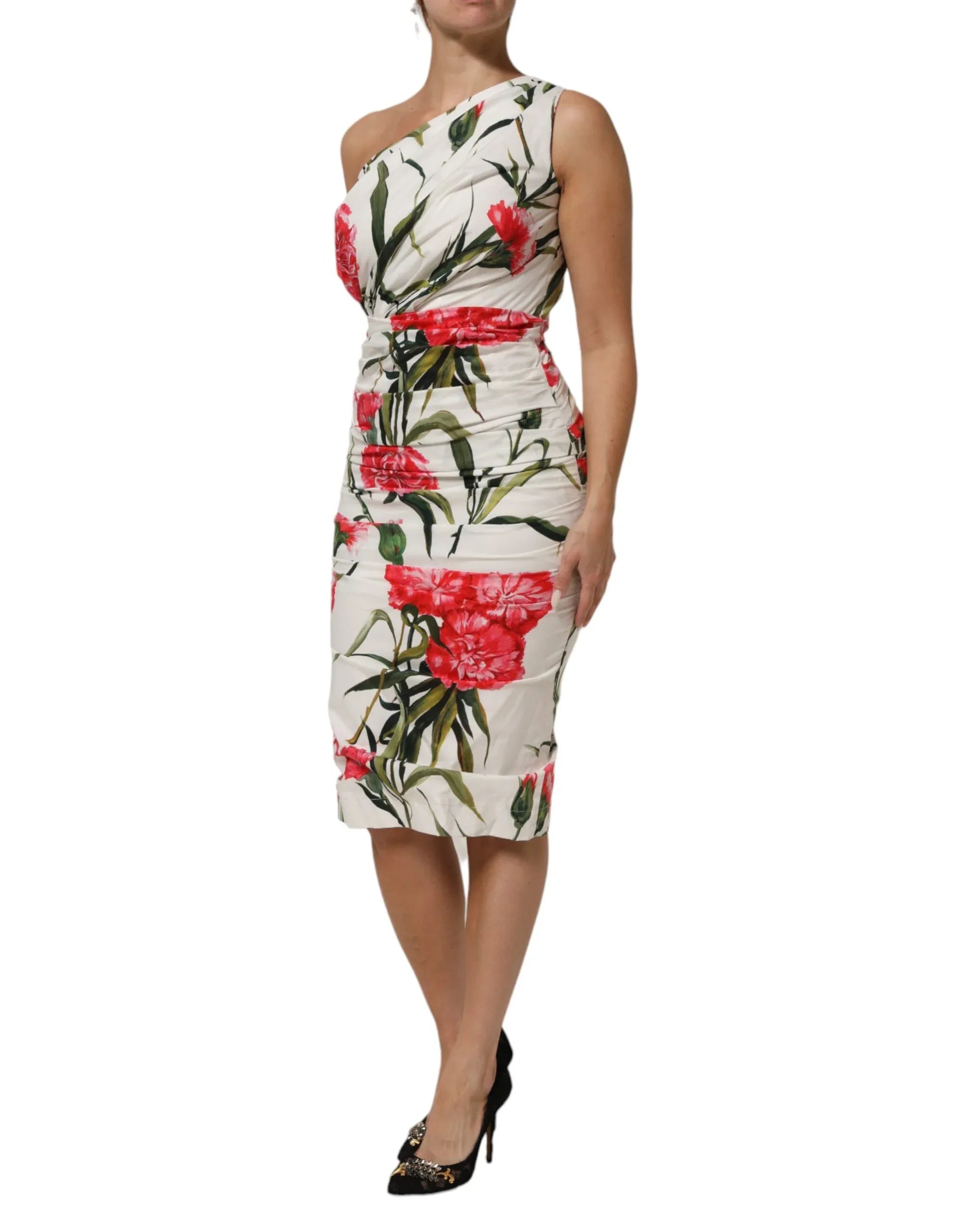 Dolce & Gabbana White Floral One Shoulder Sheath Dress - Zeiniez