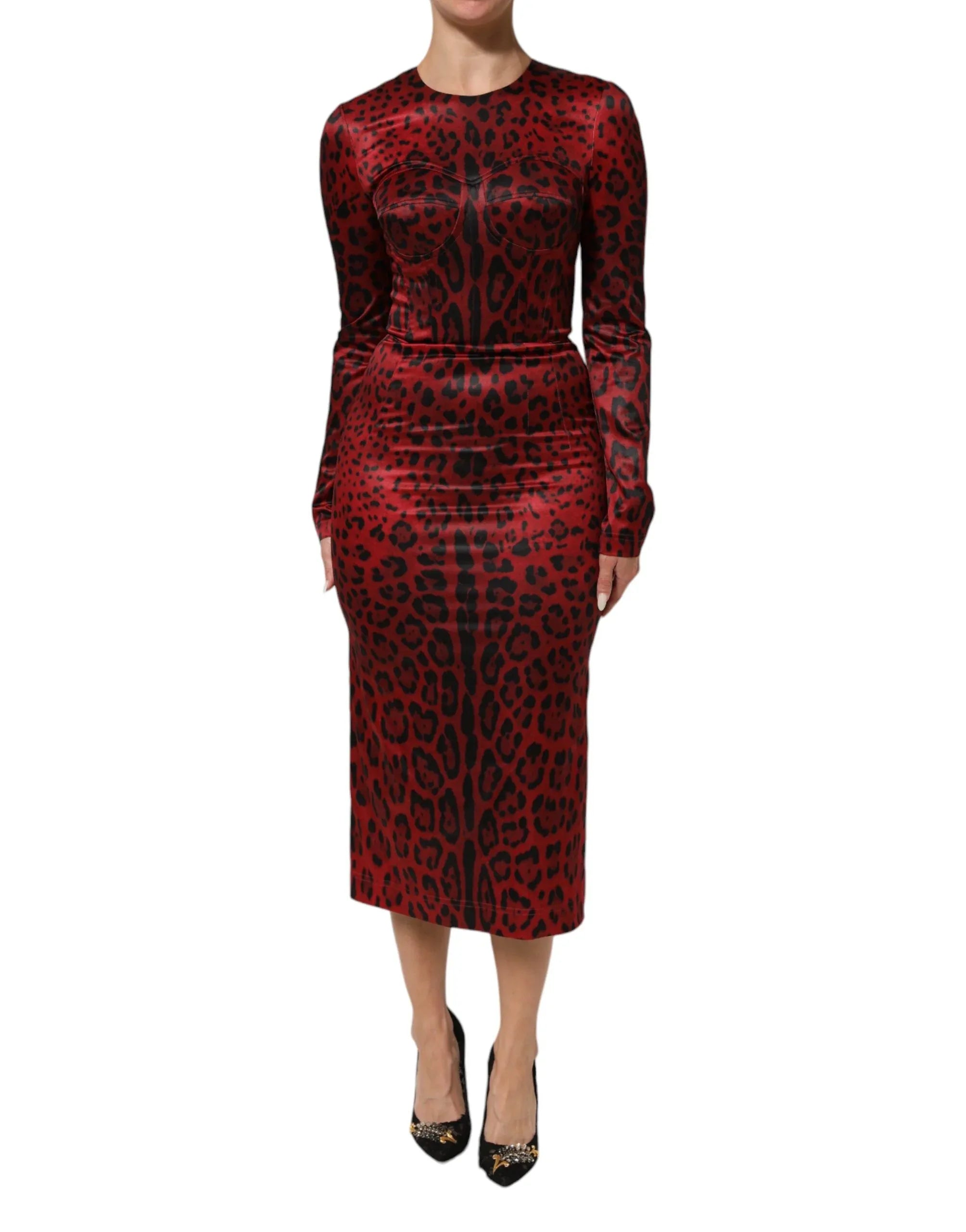 Dolce & Gabbana Red Leopard Sheath Long Sleeves Dress - Zeiniez