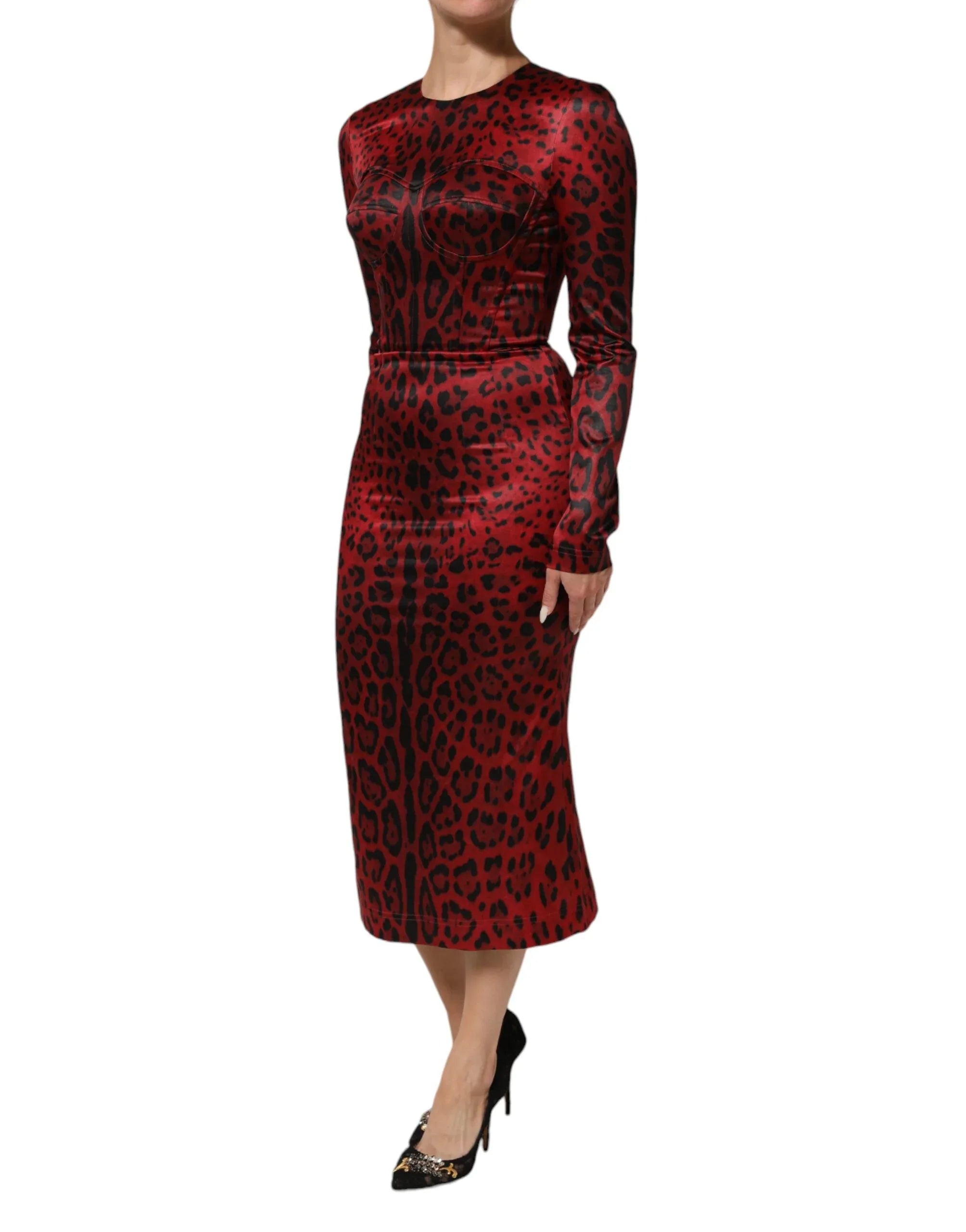 Dolce & Gabbana Red Leopard Sheath Long Sleeves Dress - Zeiniez