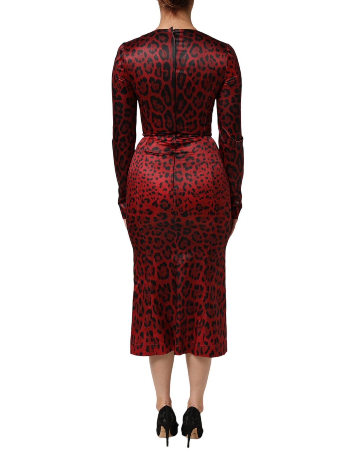 Dolce & Gabbana Red Leopard Sheath Long Sleeves Dress