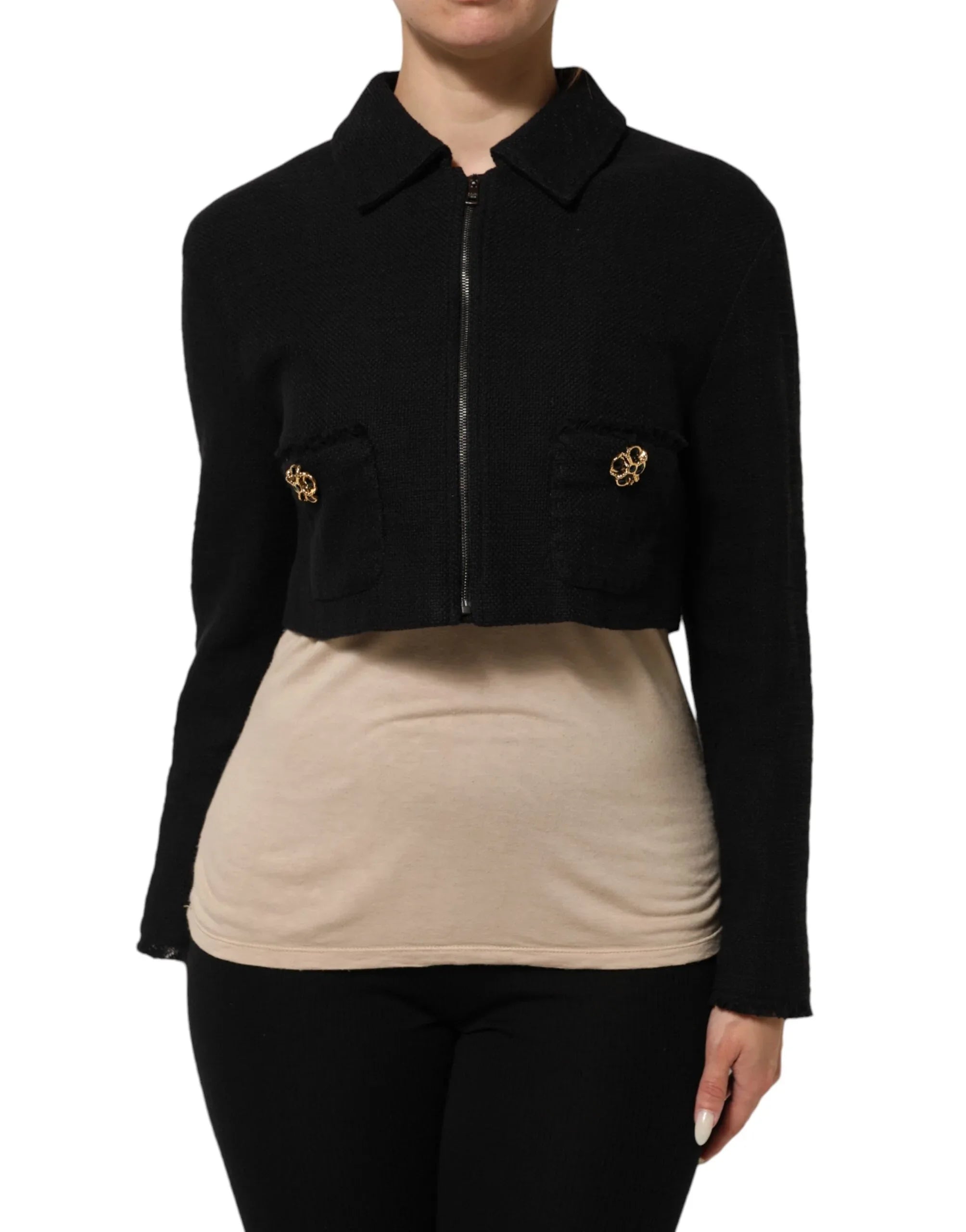 Dolce & Gabbana Black Cotton Full Zip Cropped Coat Jacket - Zeiniez