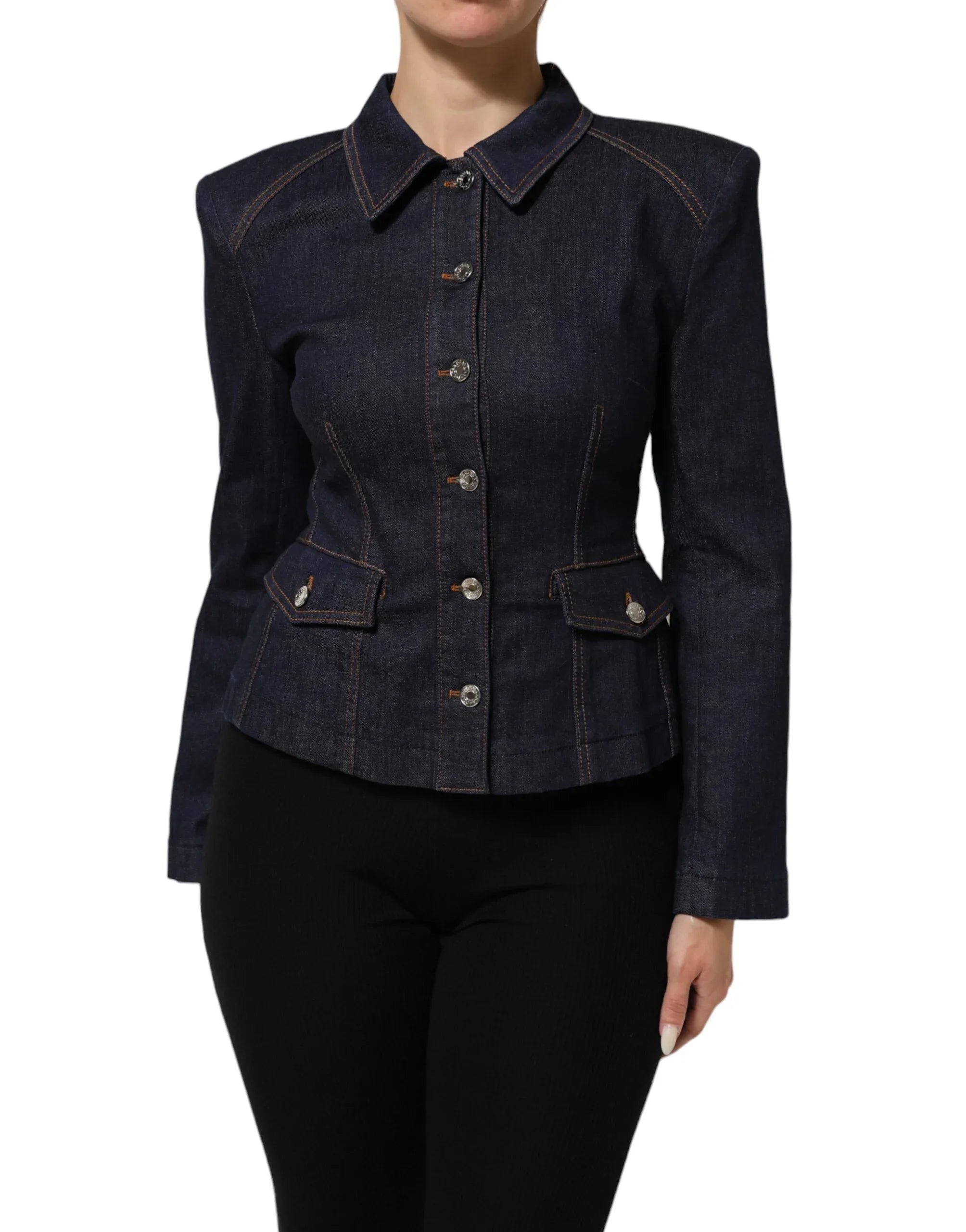 Dolce & Gabbana Dark Blue Cotton Collared Denim Coat Jacket - Zeiniez