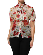 Dolce & Gabbana White Floral Tie-Neck Poppy Print Blouse Top - Zeiniez