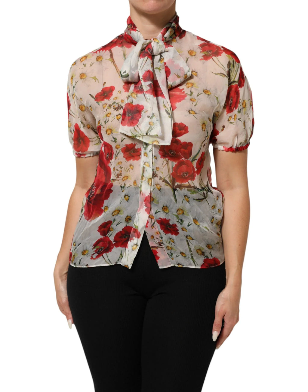 Dolce & Gabbana White Floral Tie-Neck Poppy Print Blouse Top - Zeiniez