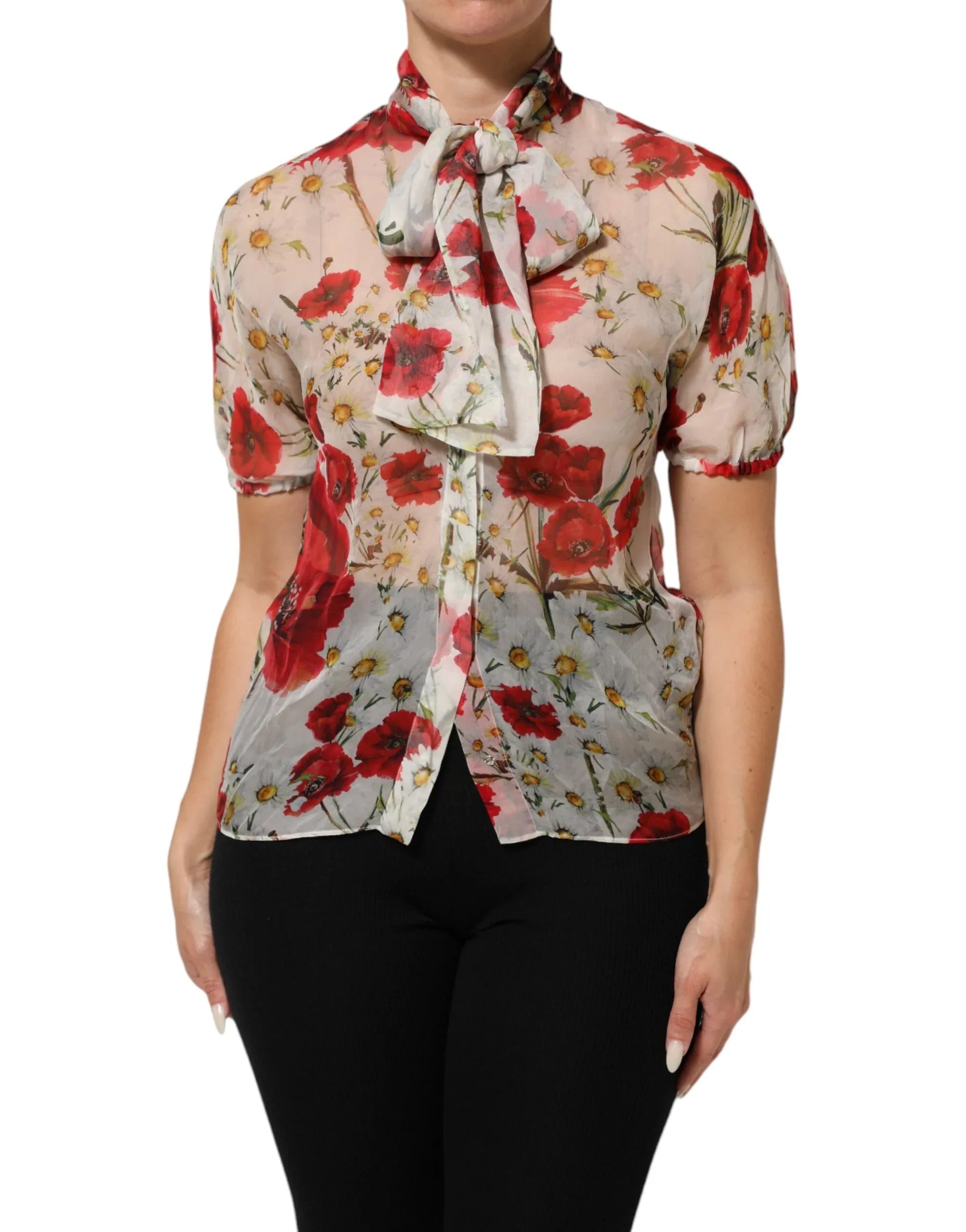 Dolce & Gabbana White Floral Tie-Neck Poppy Print Blouse Top - Zeiniez