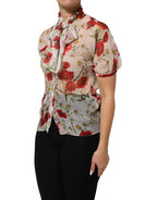 Dolce & Gabbana White Floral Tie-Neck Poppy Print Blouse Top - Zeiniez