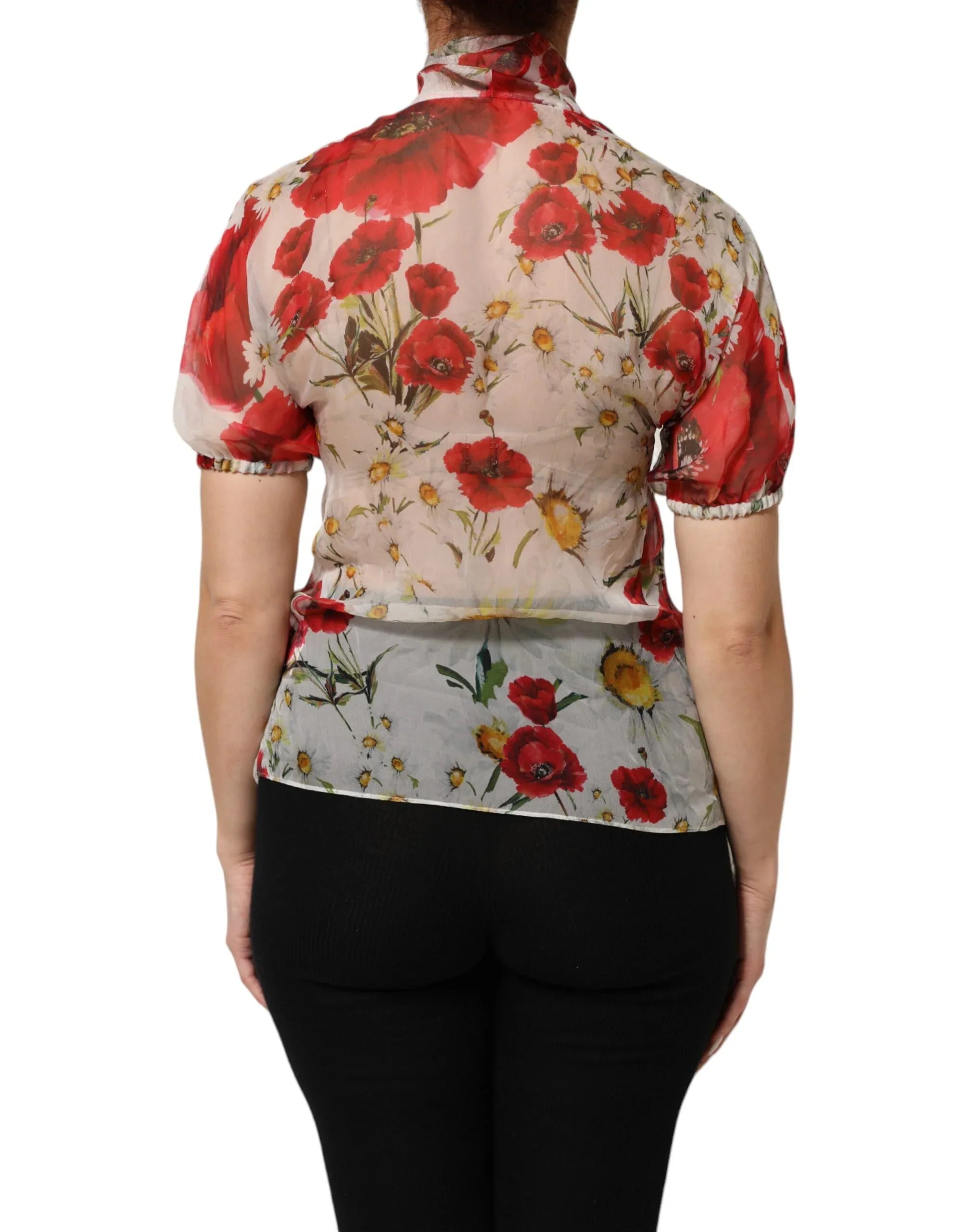 Dolce & Gabbana White Floral Tie-Neck Poppy Print Blouse Top - Zeiniez
