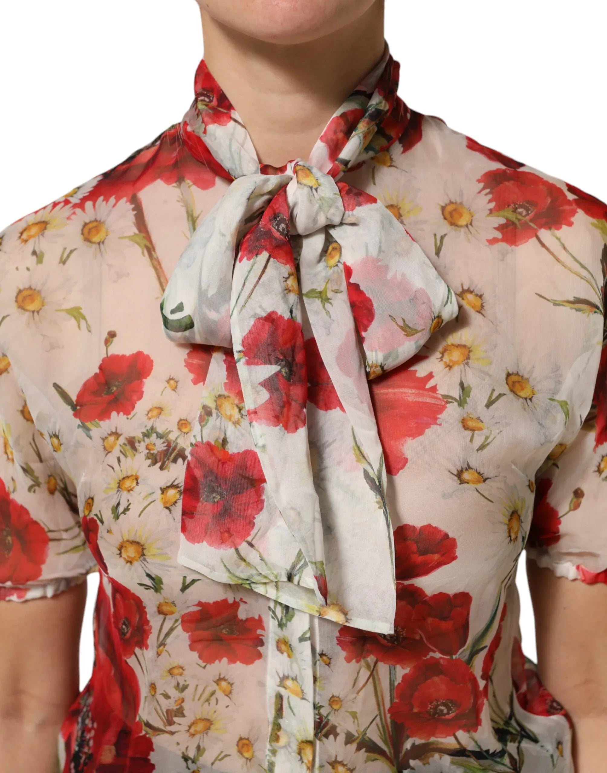 Dolce & Gabbana White Floral Tie-Neck Poppy Print Blouse Top - Zeiniez