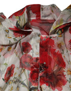 Dolce & Gabbana White Floral Tie-Neck Poppy Print Blouse Top - Zeiniez