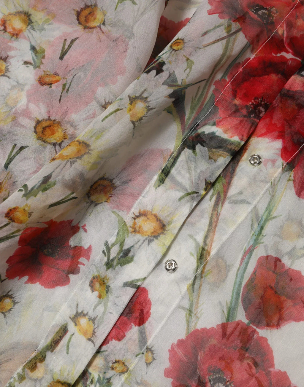 Dolce & Gabbana White Floral Tie-Neck Poppy Print Blouse Top - Zeiniez