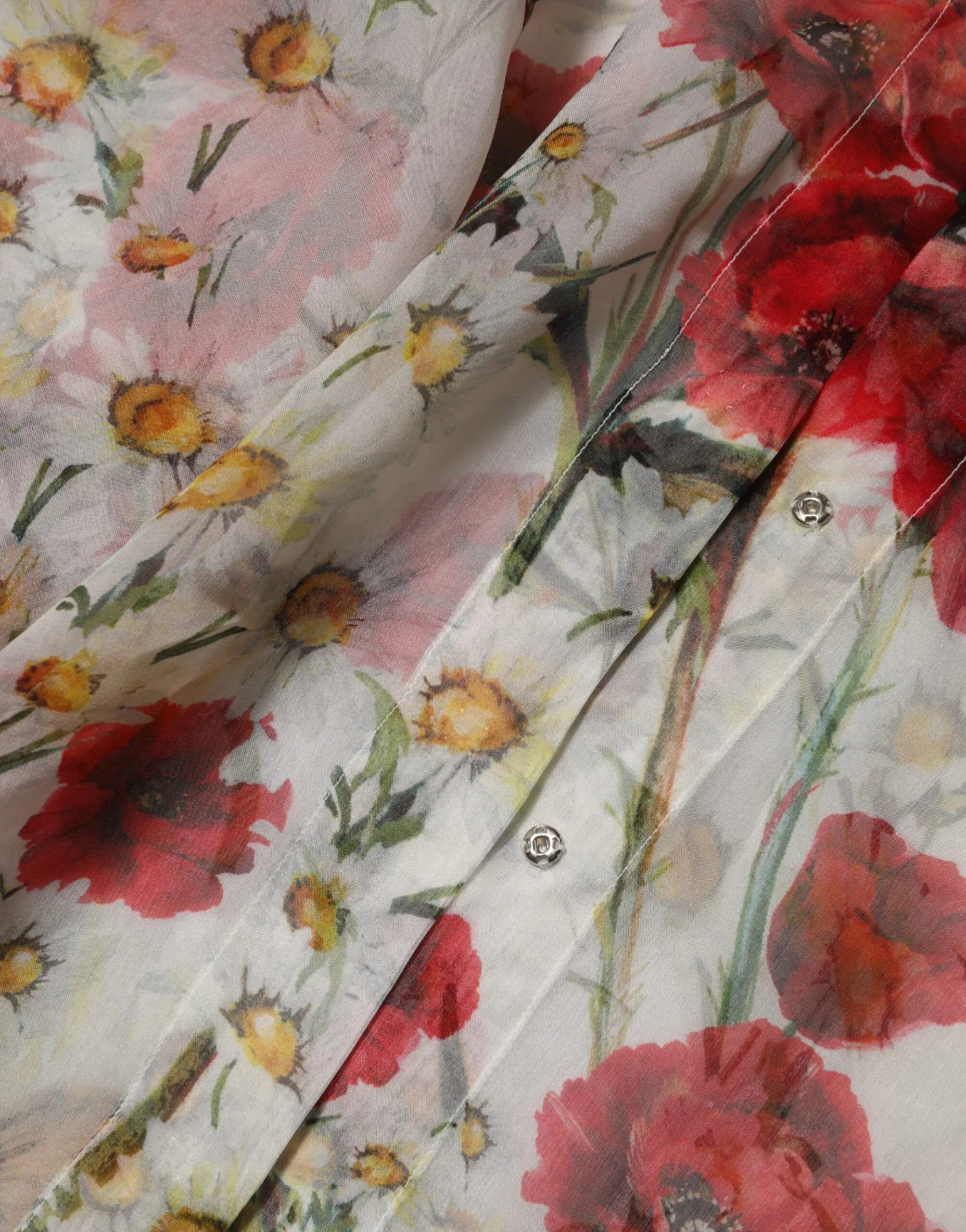 Dolce & Gabbana White Floral Tie-Neck Poppy Print Blouse Top - Zeiniez