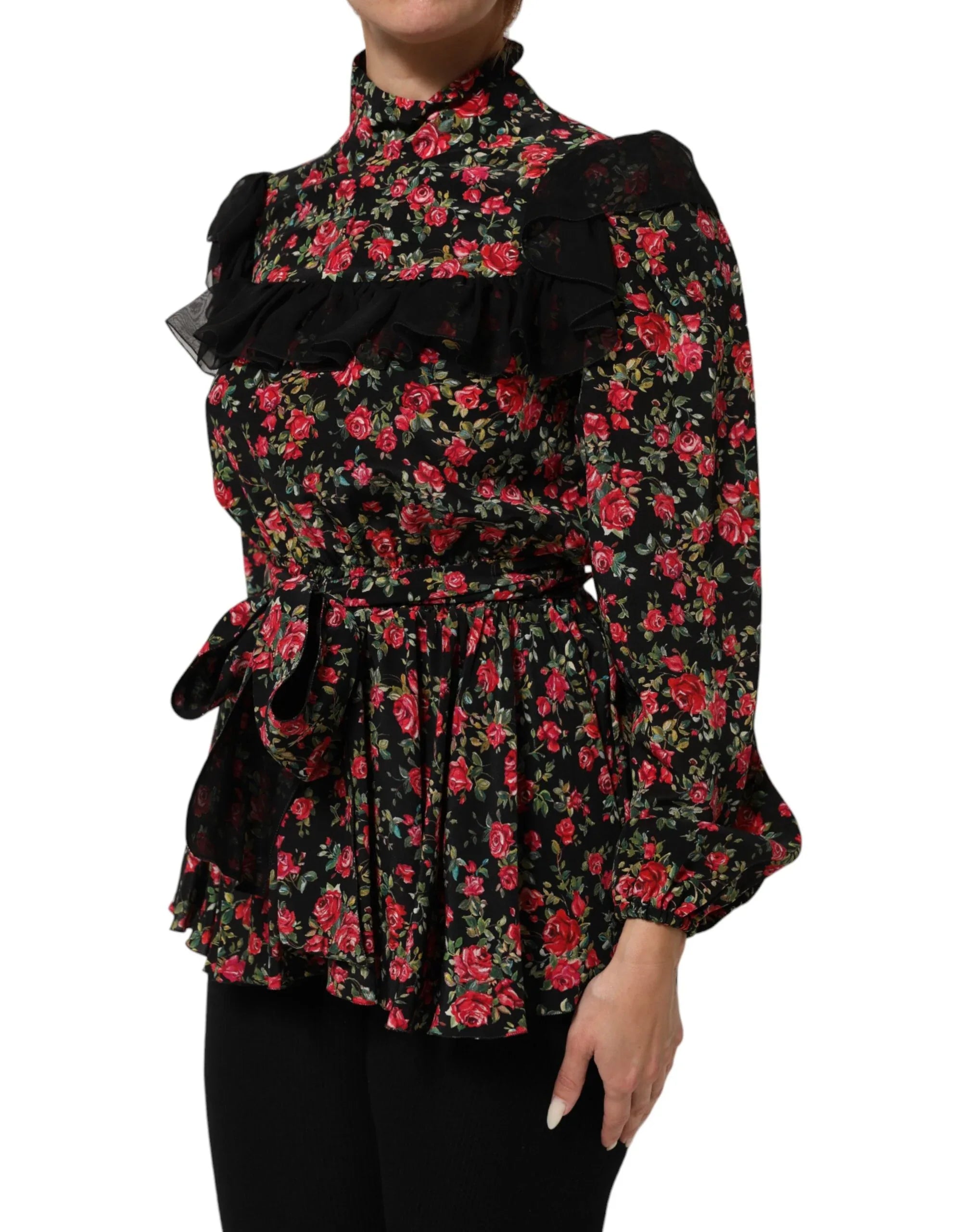 Dolce & Gabbana Black Floral Print Long Sleeve Blouse Top - Zeiniez