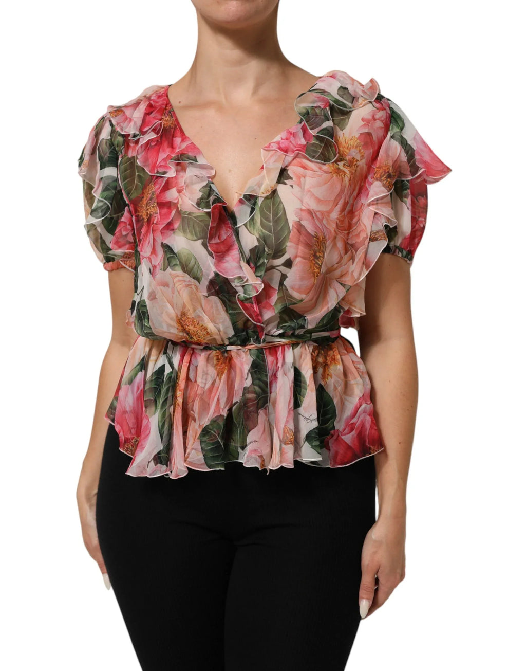 Dolce & Gabbana Pink Camellias Printed Silk V-neck Blouse Top - Zeiniez