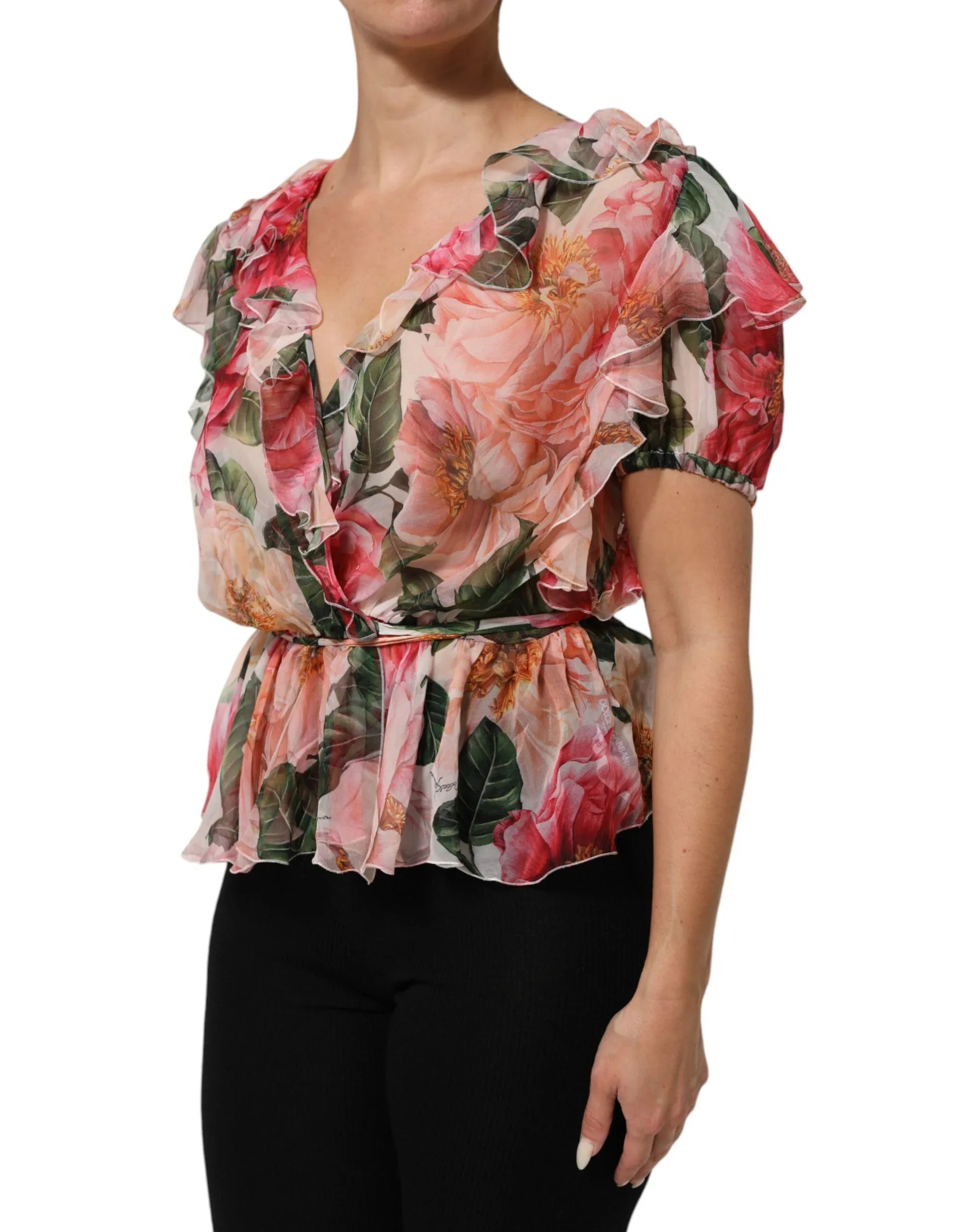 Dolce & Gabbana Pink Camellias Printed Silk V-neck Blouse Top - Zeiniez