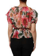 Dolce & Gabbana Pink Camellias Printed Silk V-neck Blouse Top - Zeiniez
