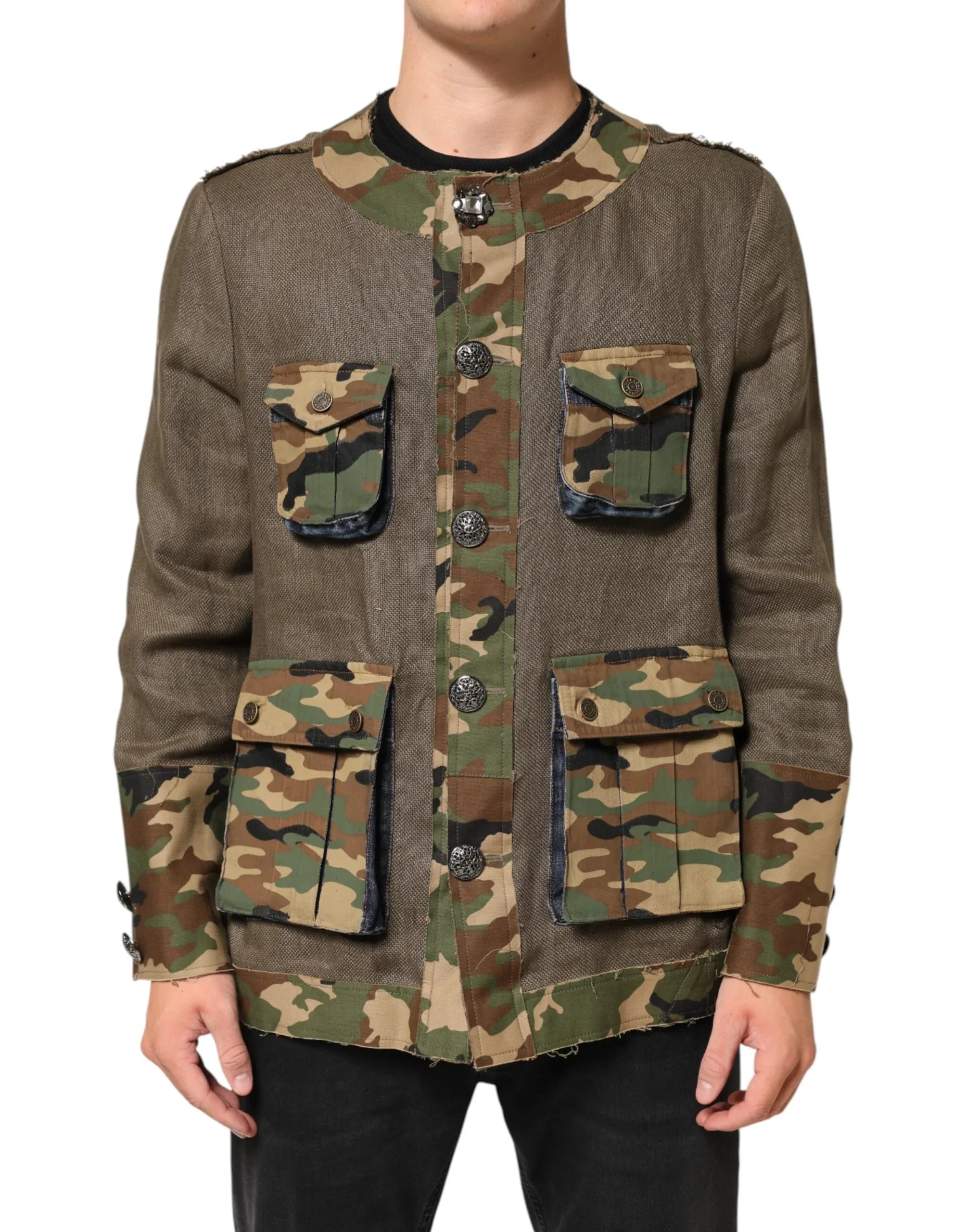 Dolce & Gabbana Brown Camouflage Linen Button Down Jacket - Zeiniez