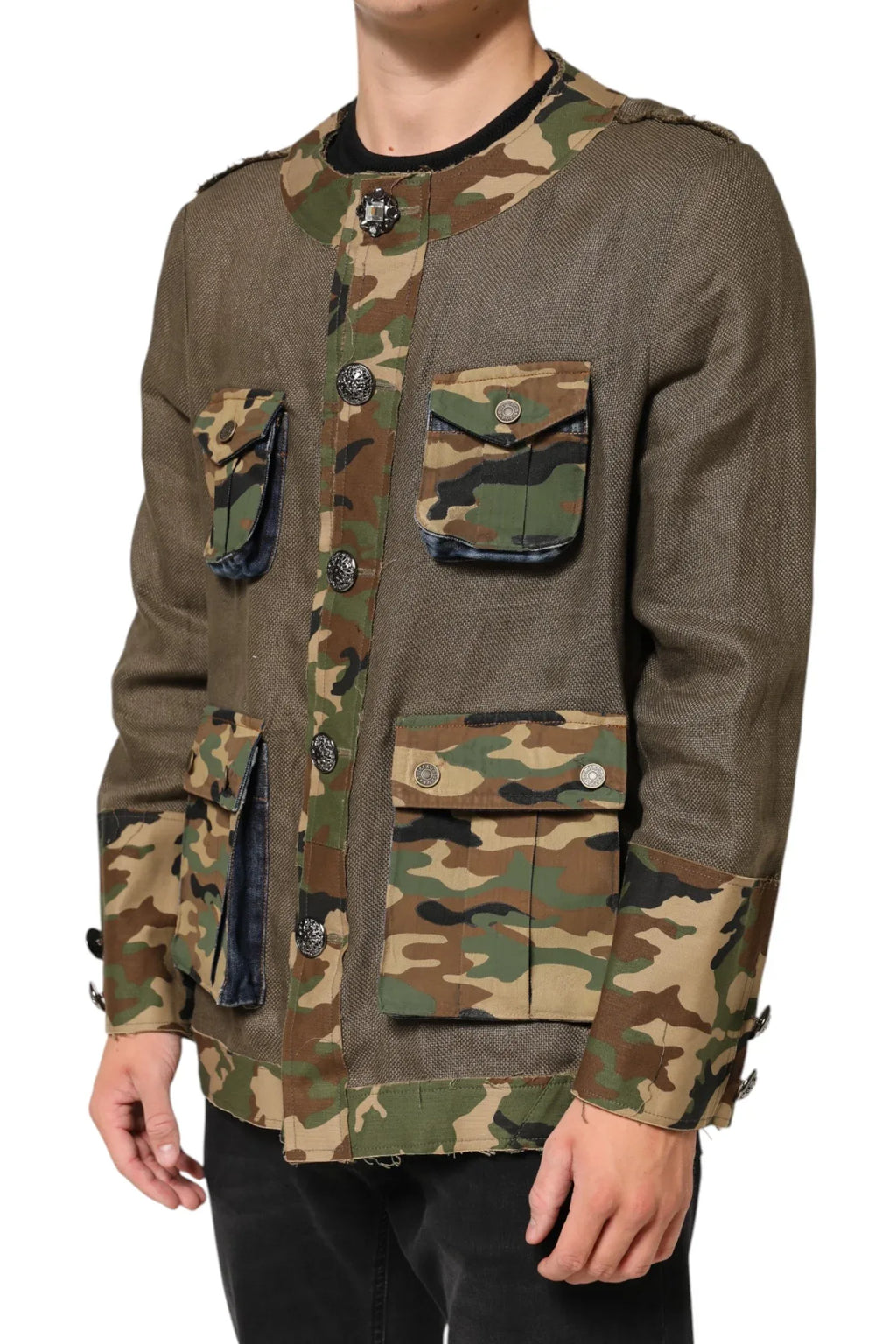 Dolce & Gabbana Brown Camouflage Linen Button Down Jacket - Zeiniez