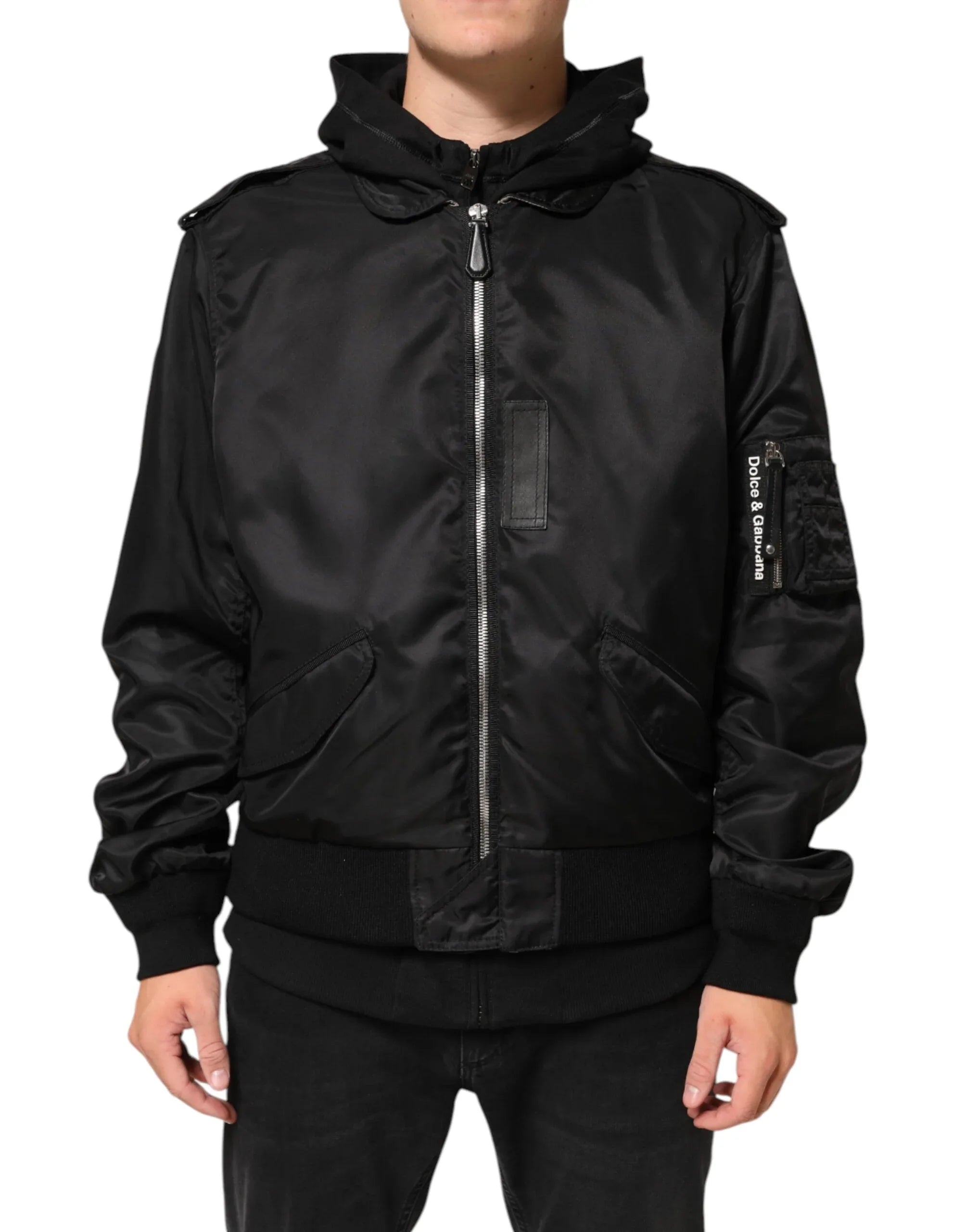 Dolce & Gabbana Black Cotton Hooded Full Zip Bomber Jacket - Zeiniez