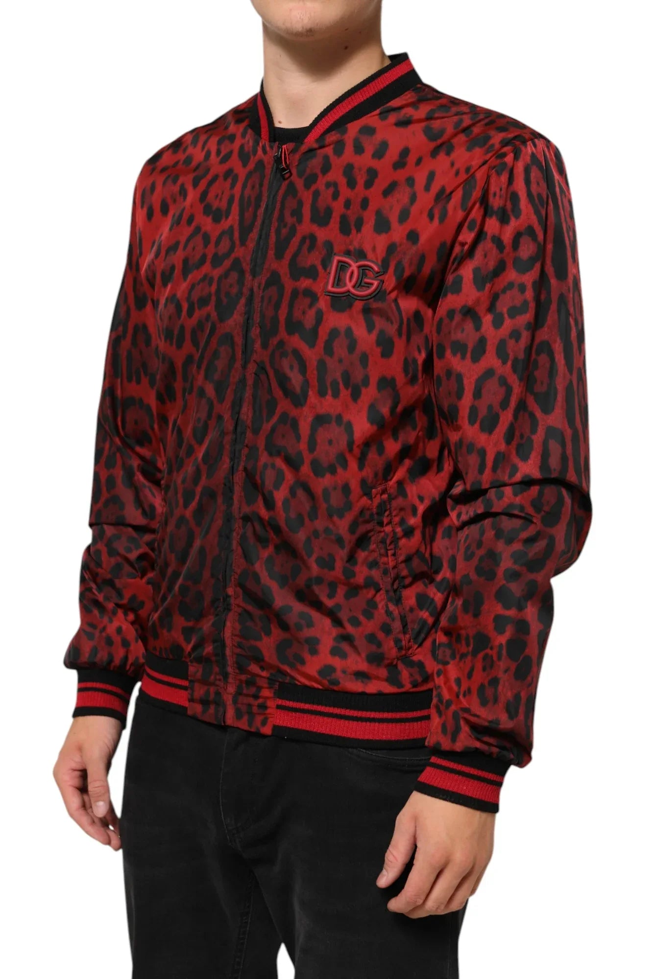 Dolce & Gabbana Red Leopard Print Full Zip Bomber Men Jacket - Zeiniez