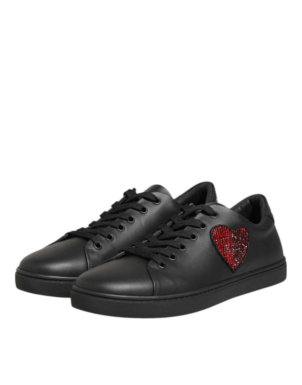 Dolce & Gabbana Black Leather Crystal Heart Sneakers  Shoes - Zeiniez