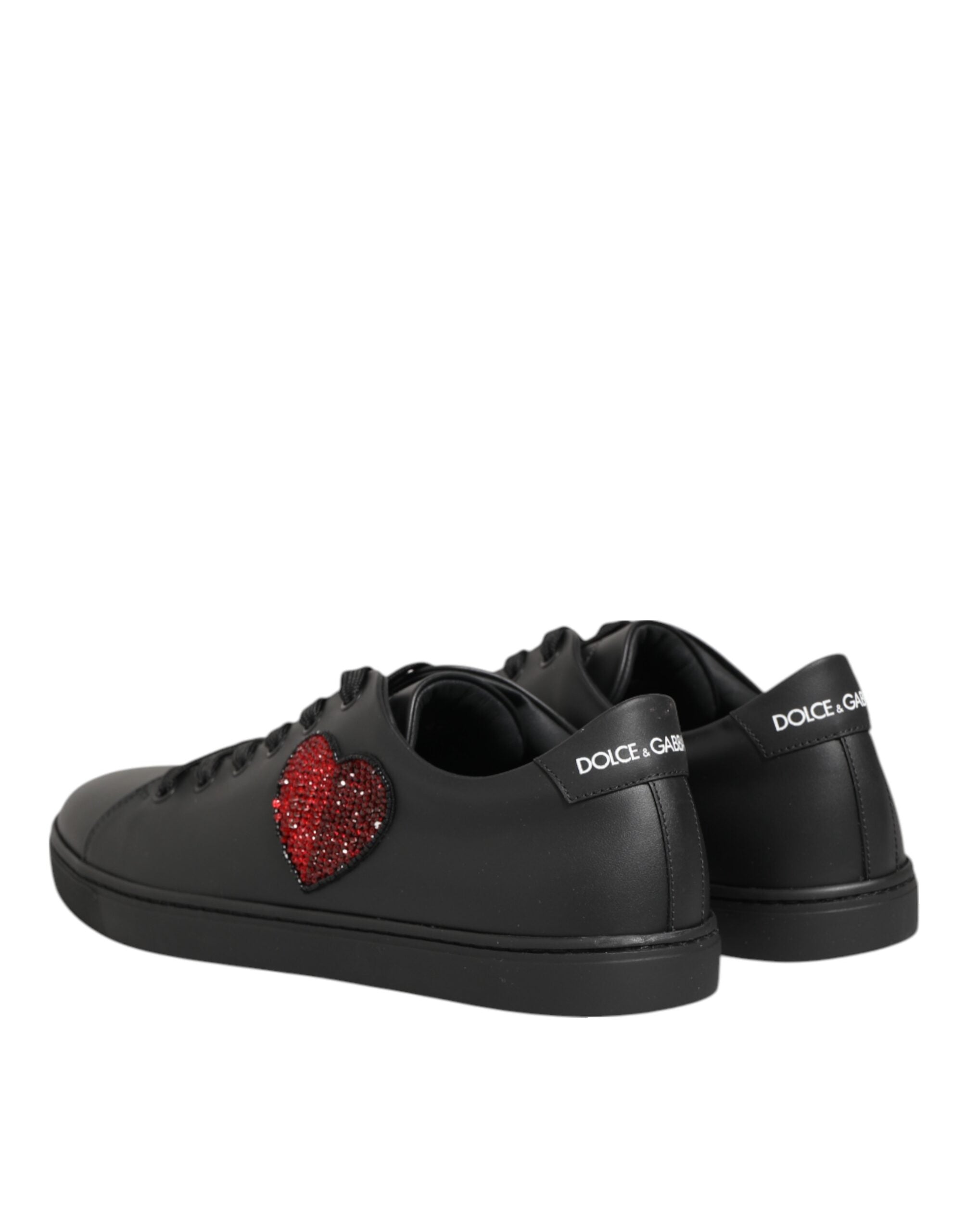 Dolce & Gabbana Black Leather Crystal Heart Sneakers  Shoes - Zeiniez