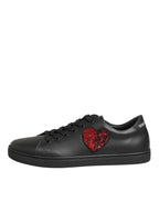 Dolce & Gabbana Black Leather Crystal Heart Sneakers  Shoes - Zeiniez