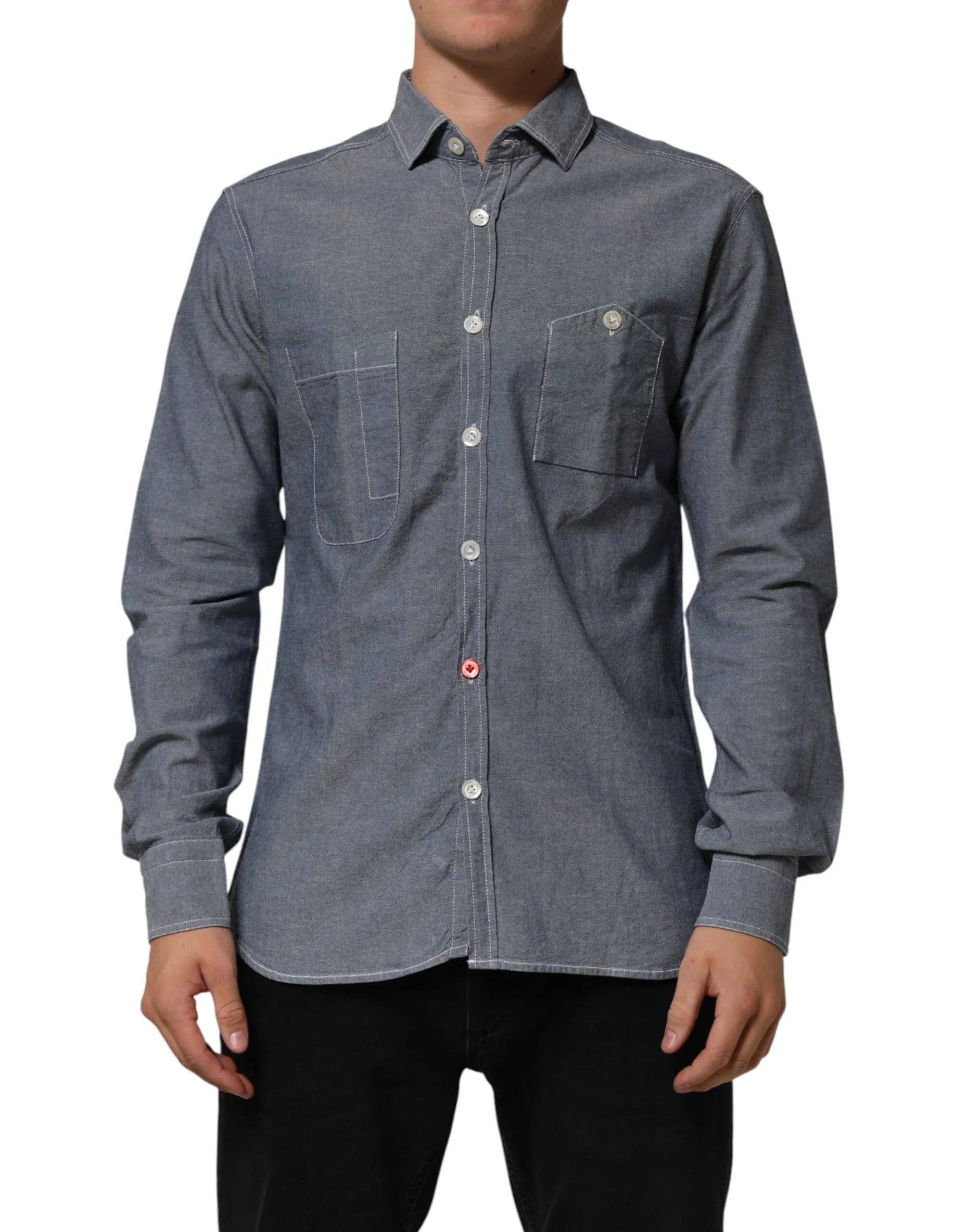 AGLINI Blue Denim Regular Fit Collared Long Sleeve Casual Shirt - Zeiniez
