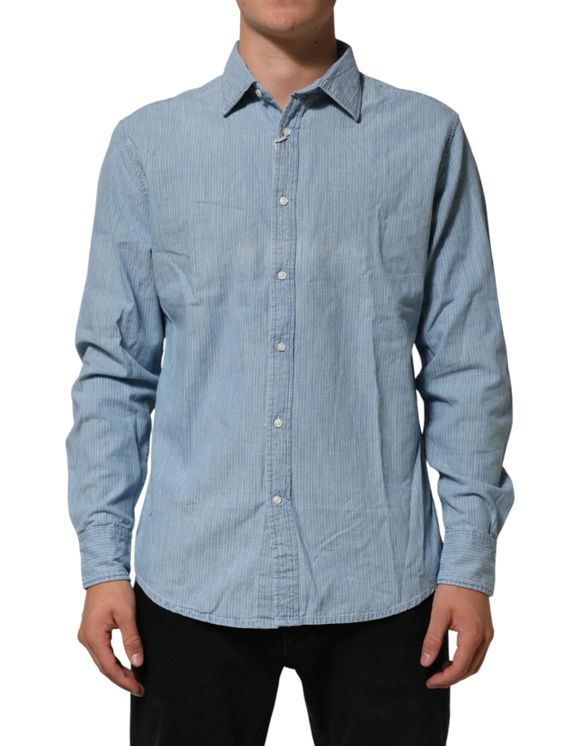 Deperlu Blue Denim Regular Fit Collared Long Sleeve Men Shirt - Zeiniez