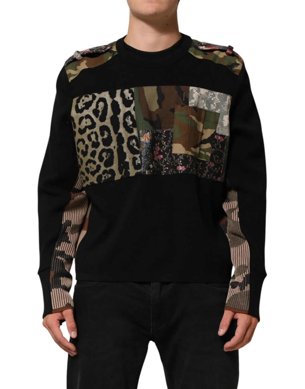 Dolce & Gabbana Black Patchwork Crew Neck Pullover Sweater - Zeiniez
