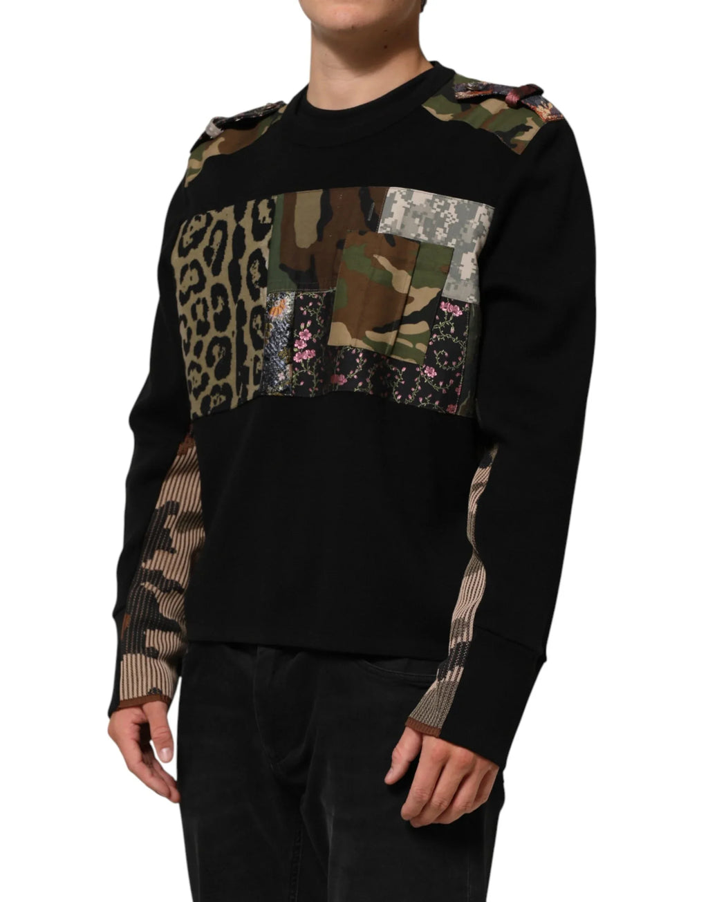 Dolce & Gabbana Black Patchwork Crew Neck Pullover Sweater - Zeiniez