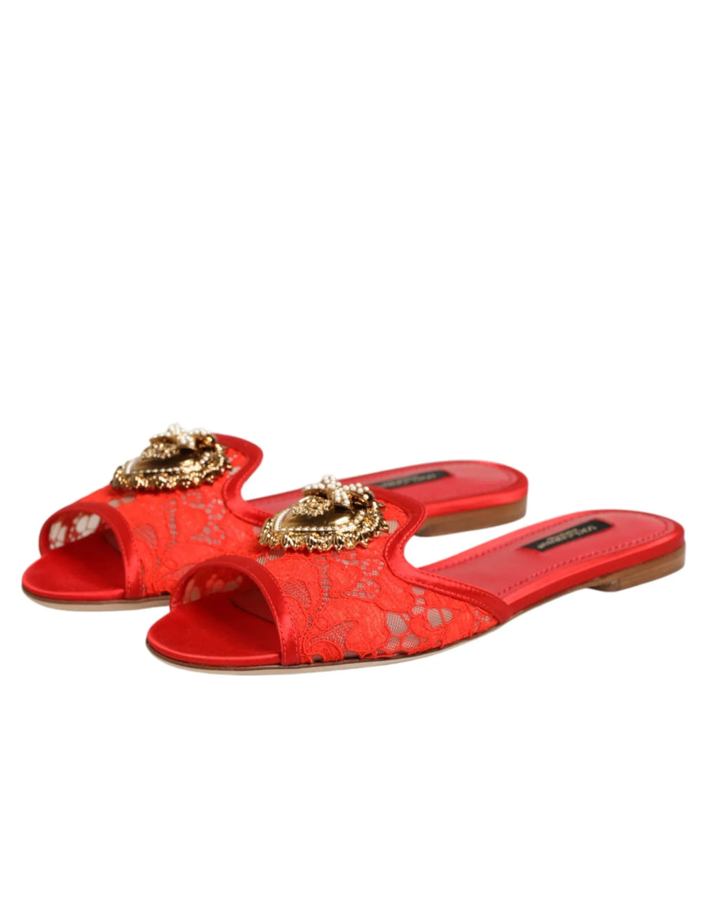 Dolce & Gabbana Red Devotion Lace Flats Slip On Sandals Shoes - Zeiniez