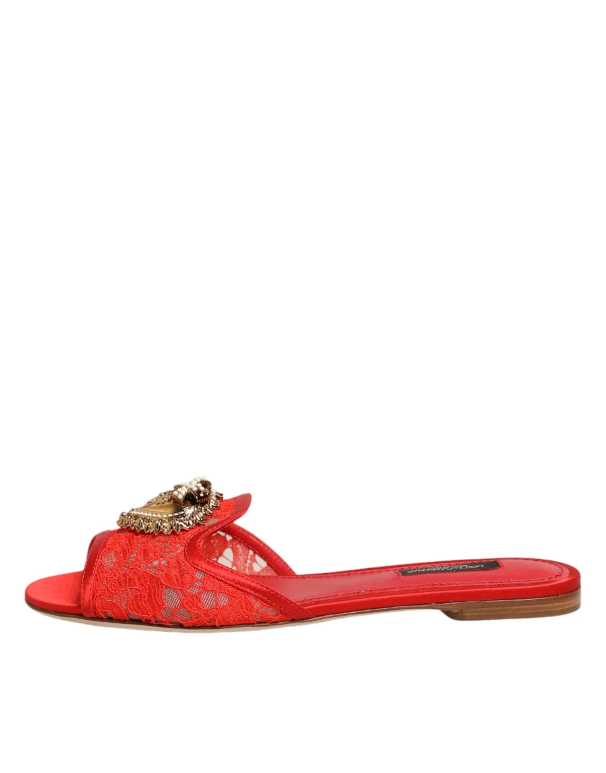 Dolce & Gabbana Red Devotion Lace Flats Slip On Sandals Shoes - Zeiniez