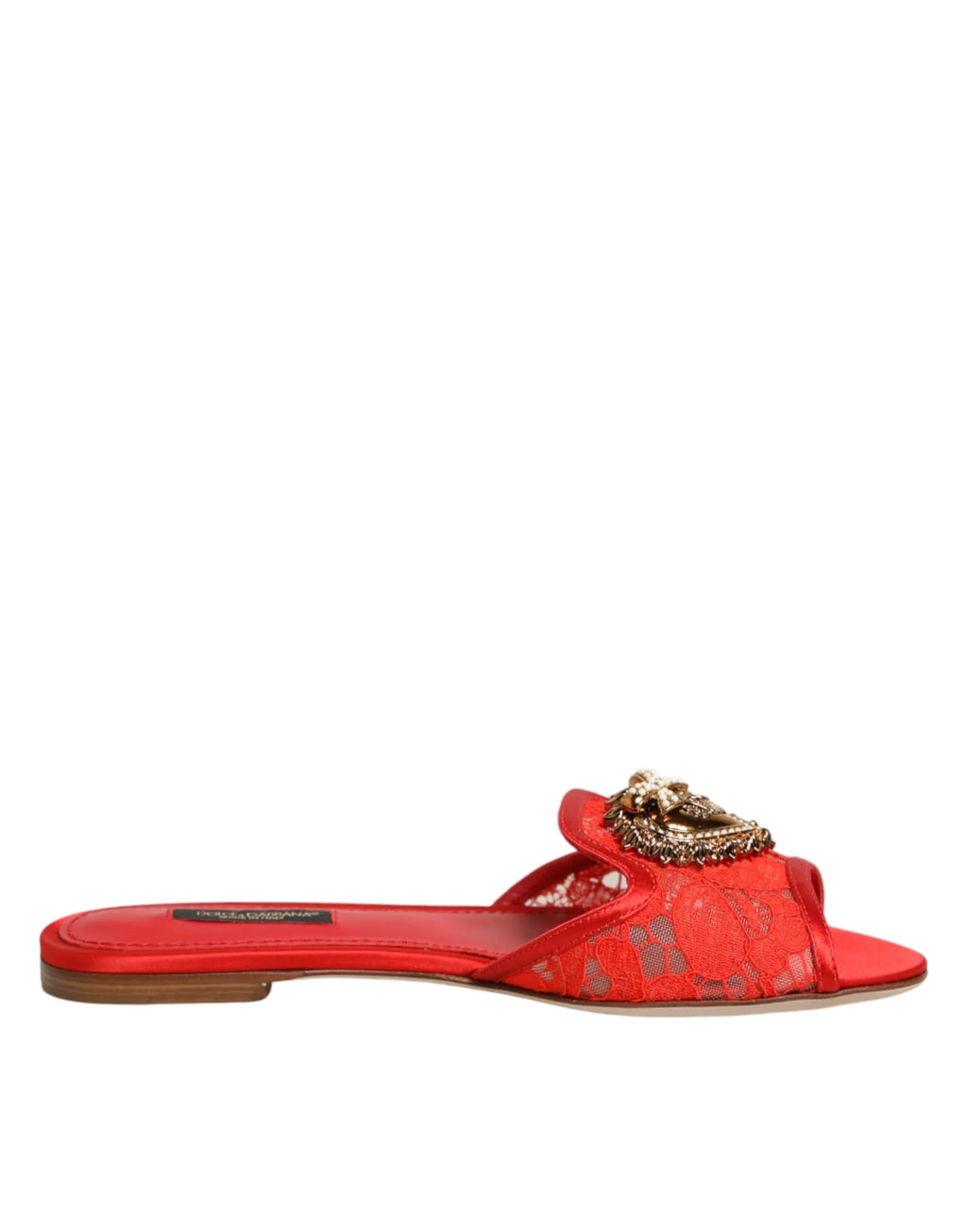 Dolce & Gabbana Red Devotion Lace Flats Slip On Sandals Shoes - Zeiniez