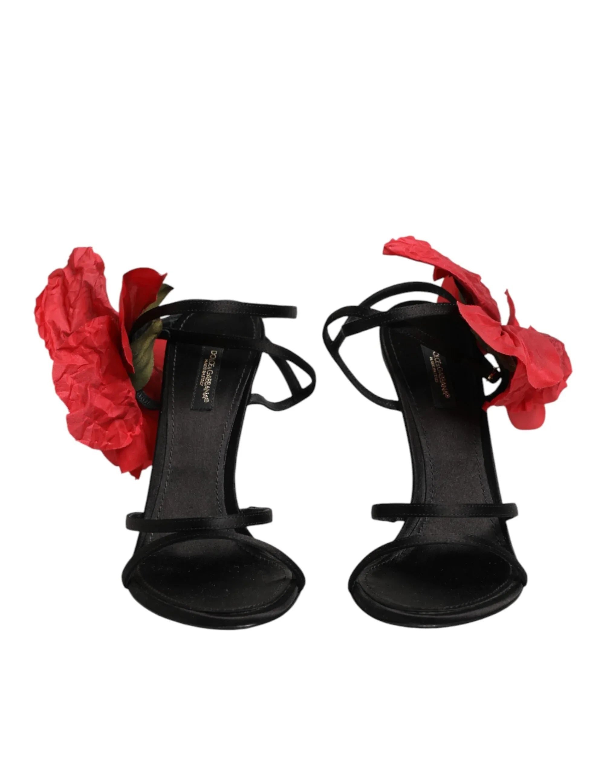Dolce & Gabbana Black Leather Strappy Flower Heels Sandals Shoes - Zeiniez