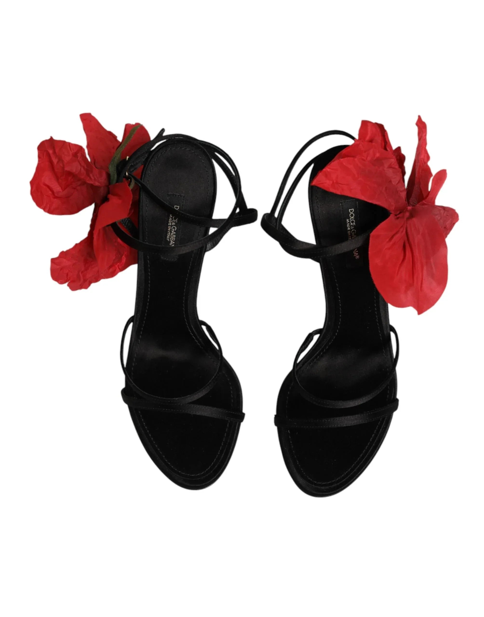Dolce & Gabbana Black Leather Strappy Flower Heels Sandals Shoes - Zeiniez