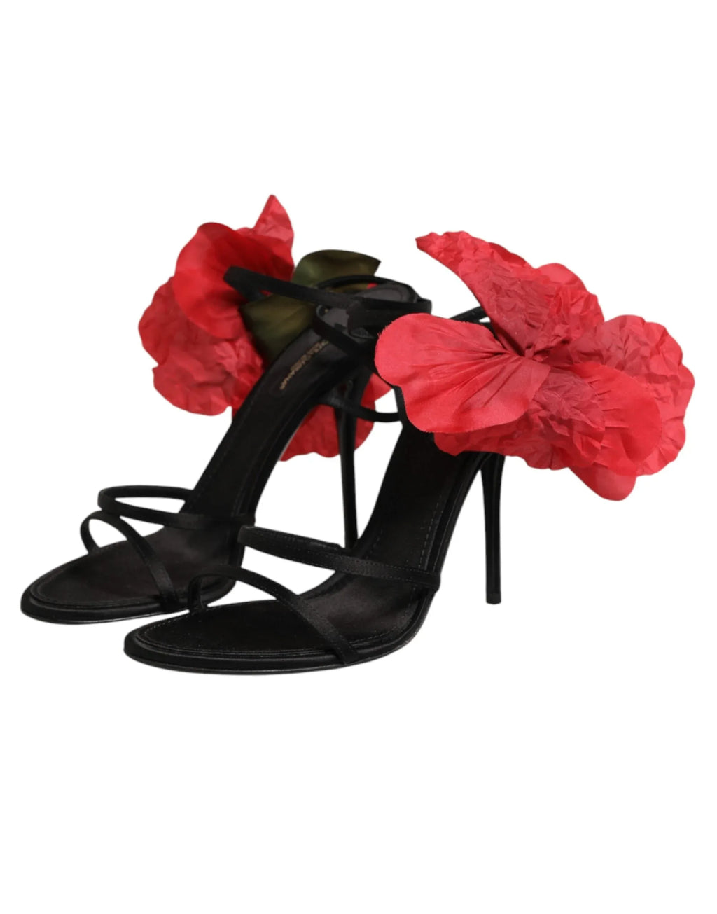 Dolce & Gabbana Black Leather Strappy Flower Heels Sandals Shoes - Zeiniez