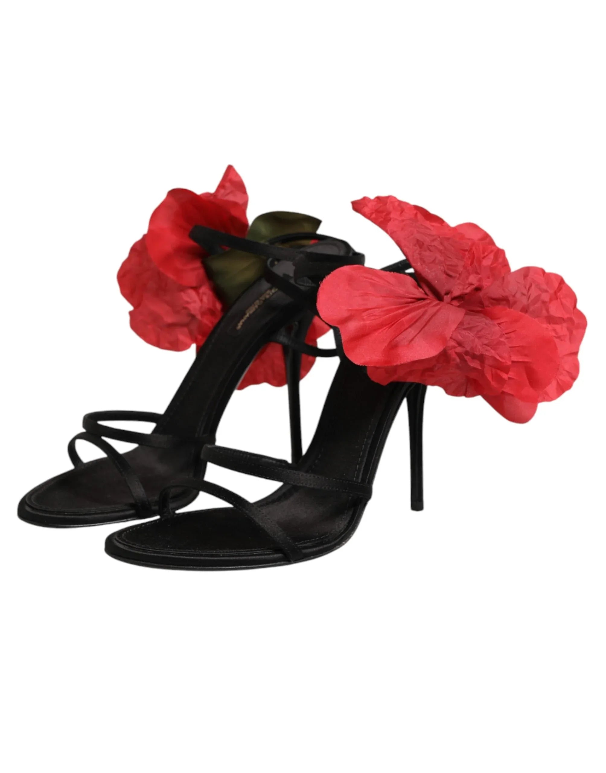 Dolce & Gabbana Black Leather Strappy Flower Heels Sandals Shoes - Zeiniez