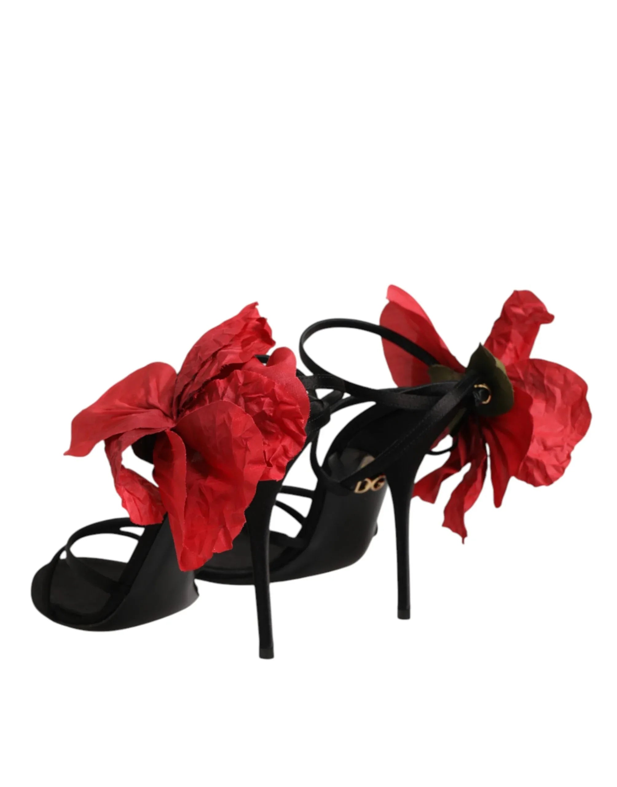 Dolce & Gabbana Black Leather Strappy Flower Heels Sandals Shoes - Zeiniez