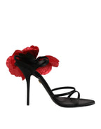 Dolce & Gabbana Black Leather Strappy Flower Heels Sandals Shoes - Zeiniez