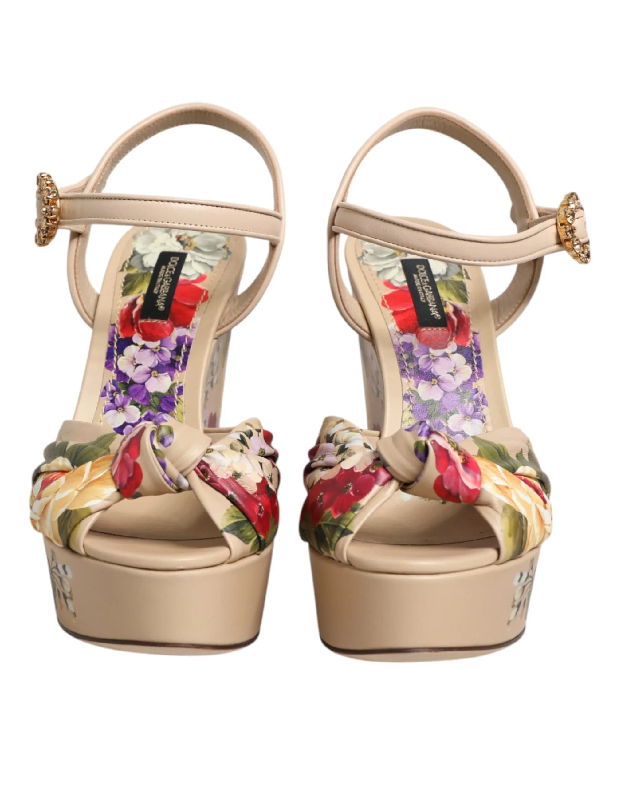 Dolce & Gabbana Beige Floral Ankle Strap Wedge Sandals Shoes - Zeiniez
