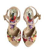 Dolce & Gabbana Beige Floral Ankle Strap Wedge Sandals Shoes - Zeiniez