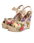 Dolce & Gabbana Beige Floral Ankle Strap Wedge Sandals Shoes - Zeiniez