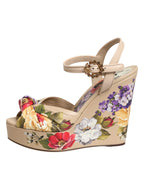 Dolce & Gabbana Beige Floral Ankle Strap Wedge Sandals Shoes - Zeiniez