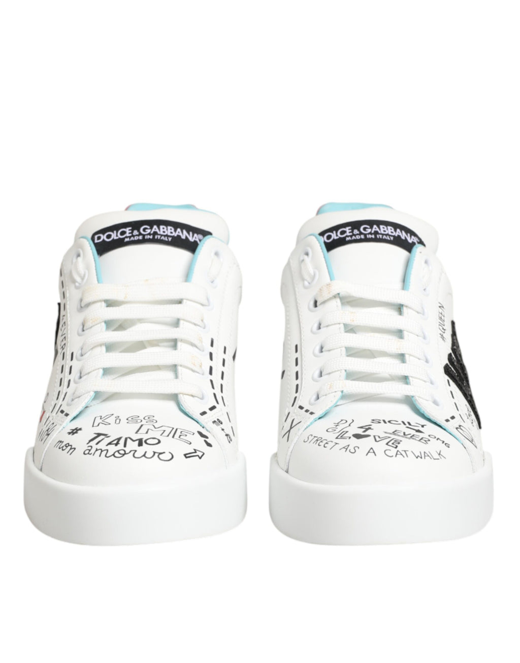 Dolce & Gabbana White Leather Graffiti Low Top Sneakers Shoes - Zeiniez