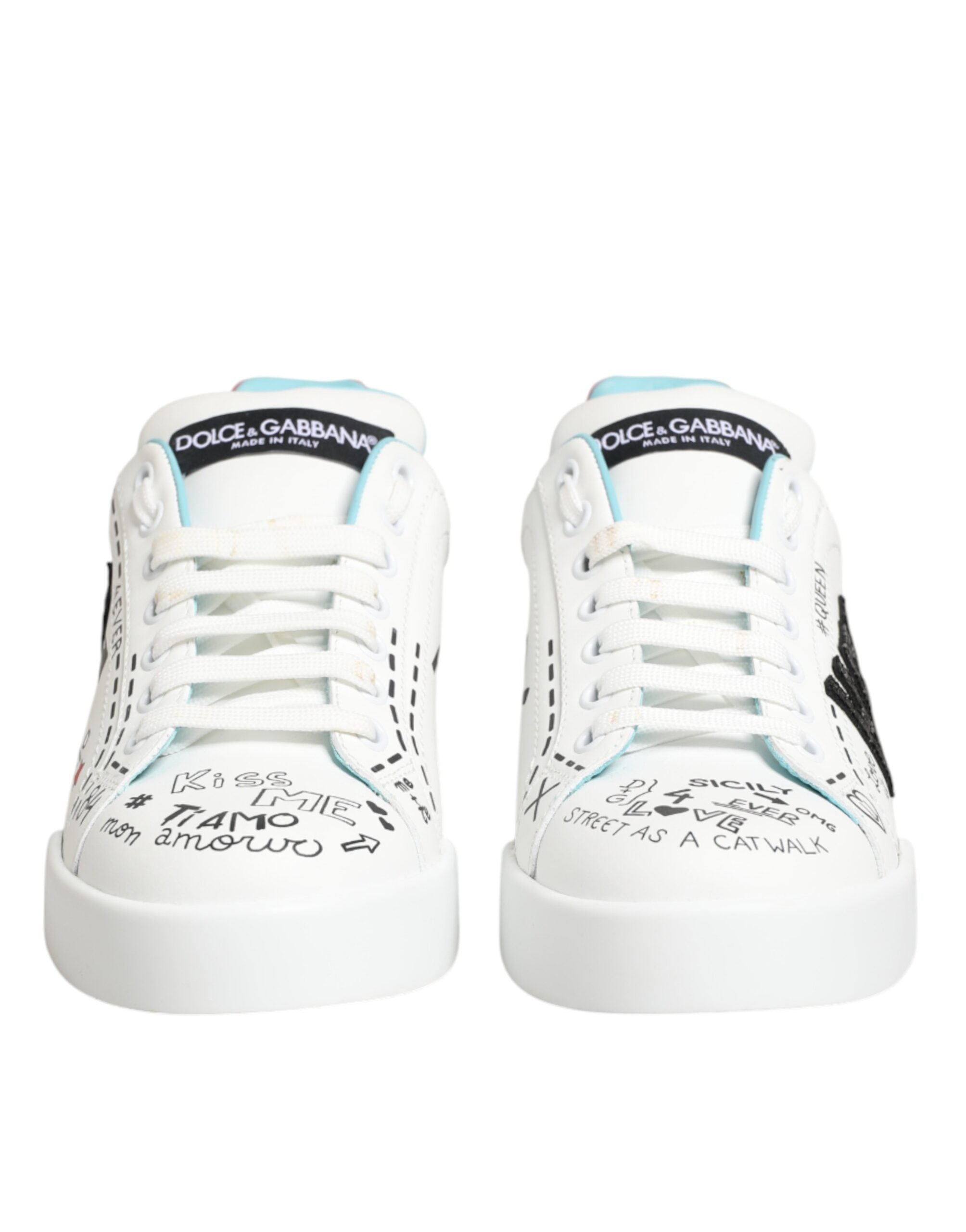 Dolce & Gabbana White Leather Graffiti Low Top Sneakers Shoes - Zeiniez