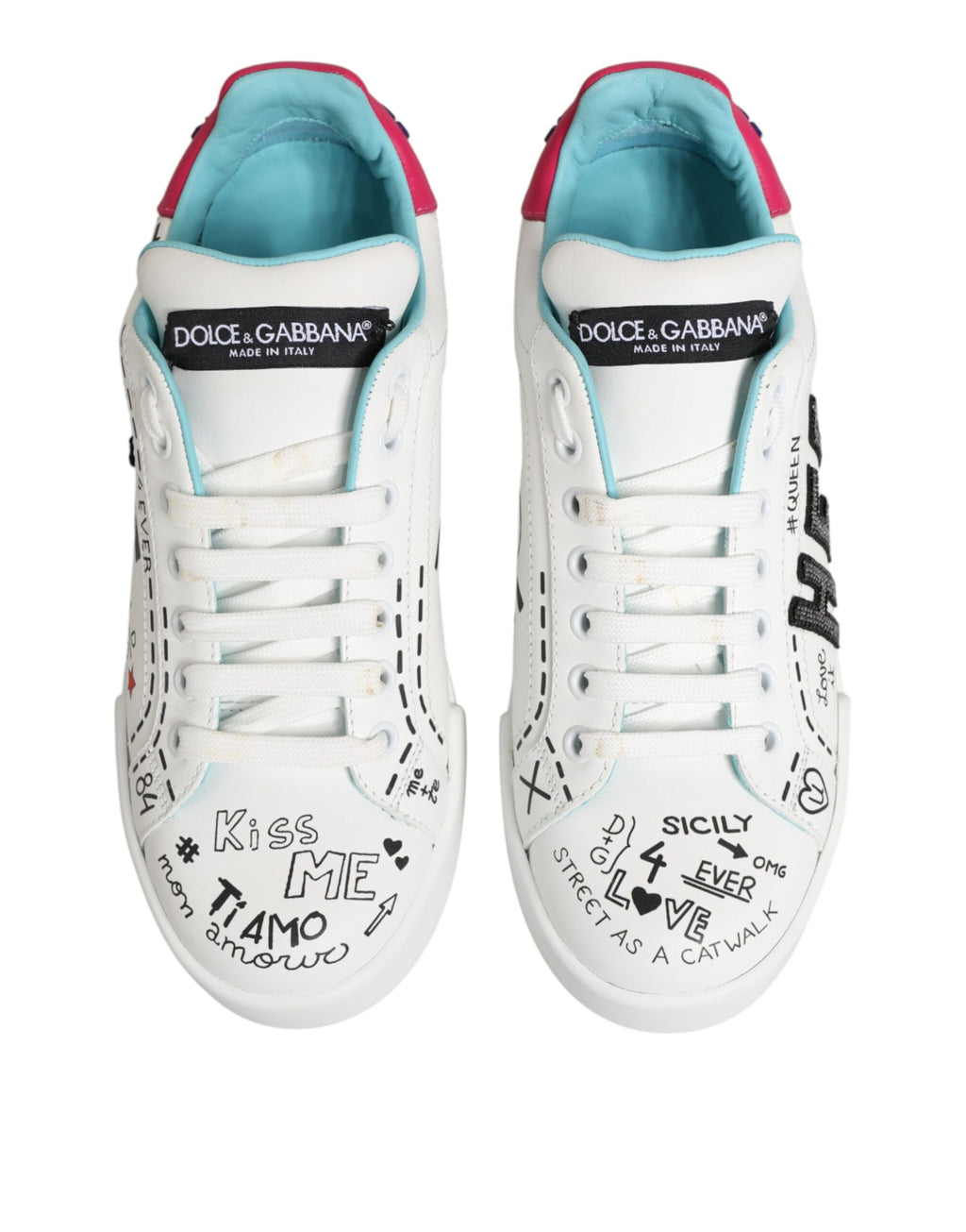 Dolce & Gabbana White Leather Graffiti Low Top Sneakers Shoes - Zeiniez