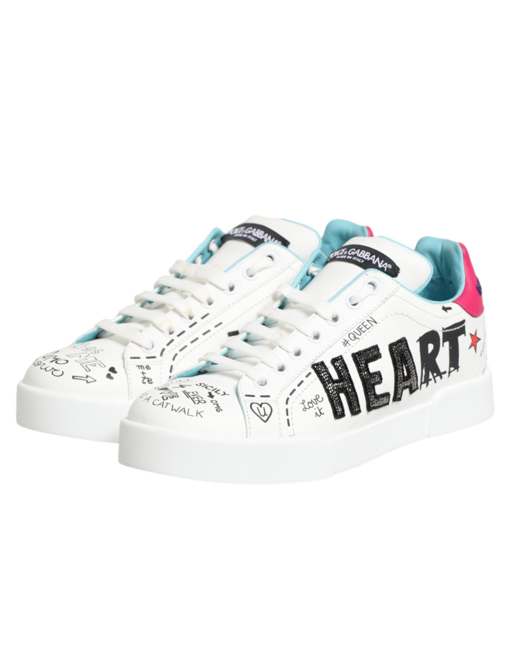 Dolce & Gabbana White Leather Graffiti Low Top Sneakers Shoes - Zeiniez