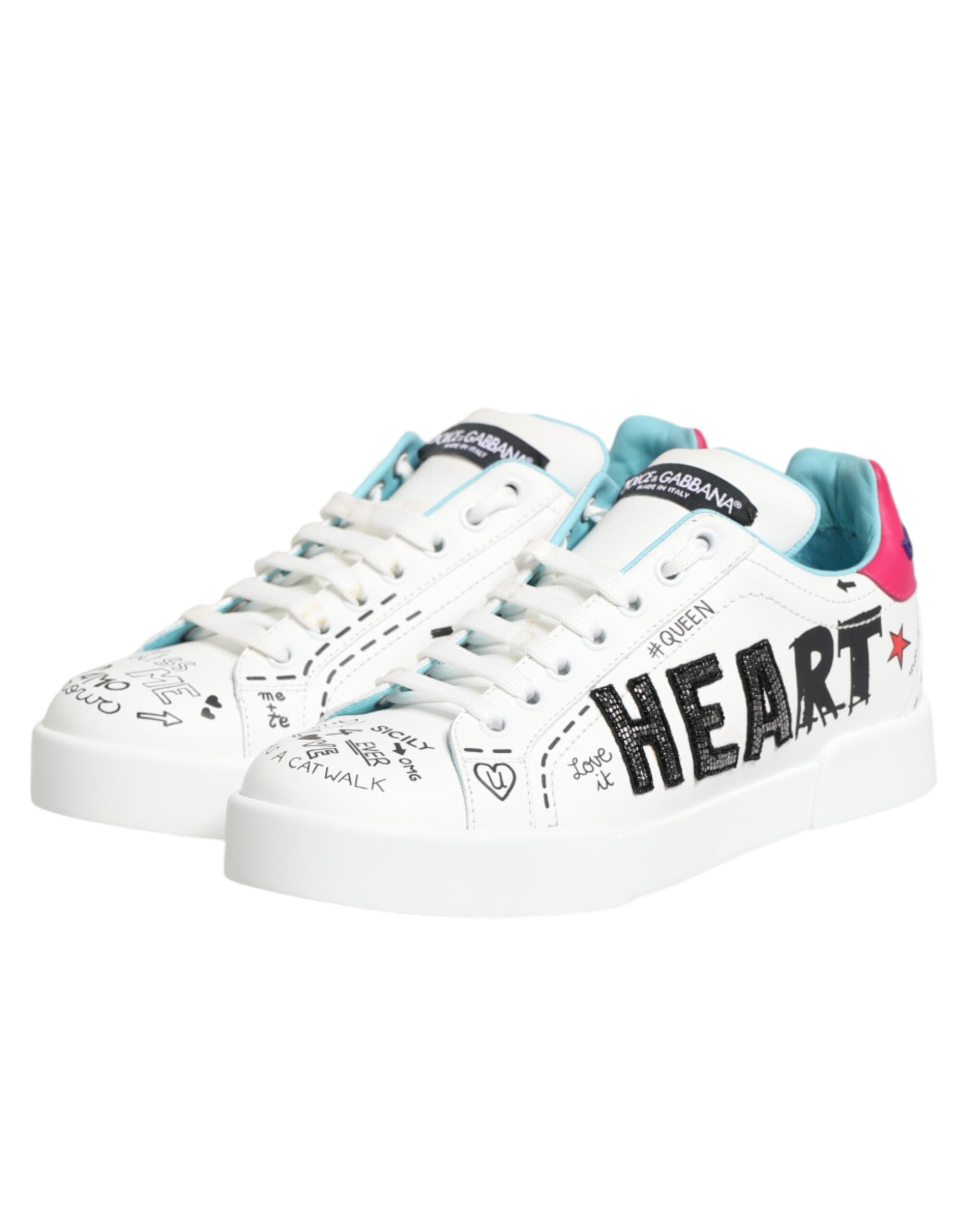 Dolce & Gabbana White Leather Graffiti Low Top Sneakers Shoes - Zeiniez
