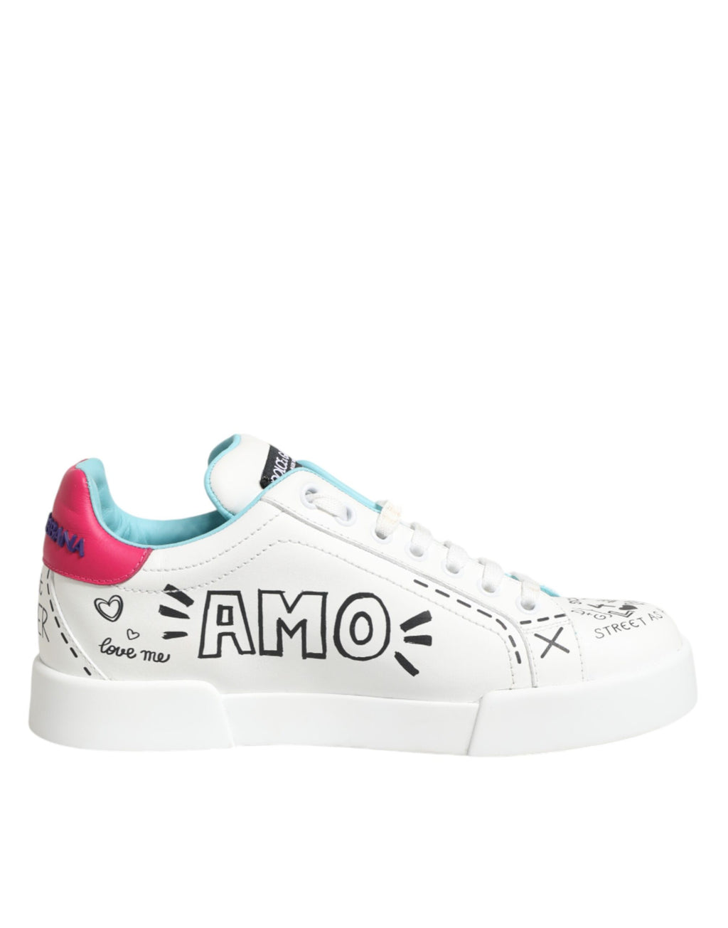 Dolce & Gabbana White Leather Graffiti Low Top Sneakers Shoes - Zeiniez