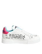Dolce & Gabbana White Leather Graffiti Low Top Sneakers Shoes - Zeiniez